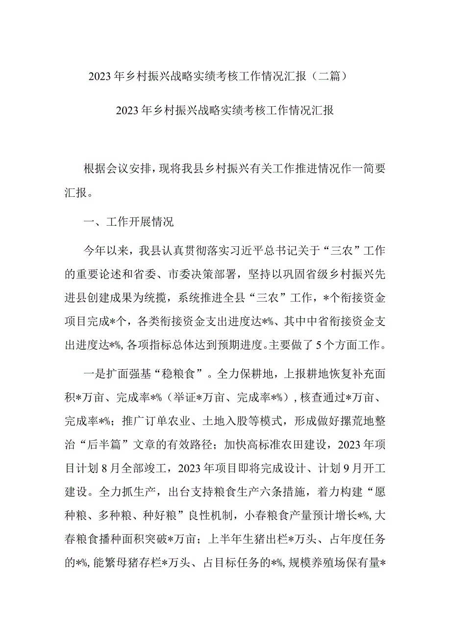 2023年乡村振兴战略实绩考核工作情况汇报(二篇).docx_第1页