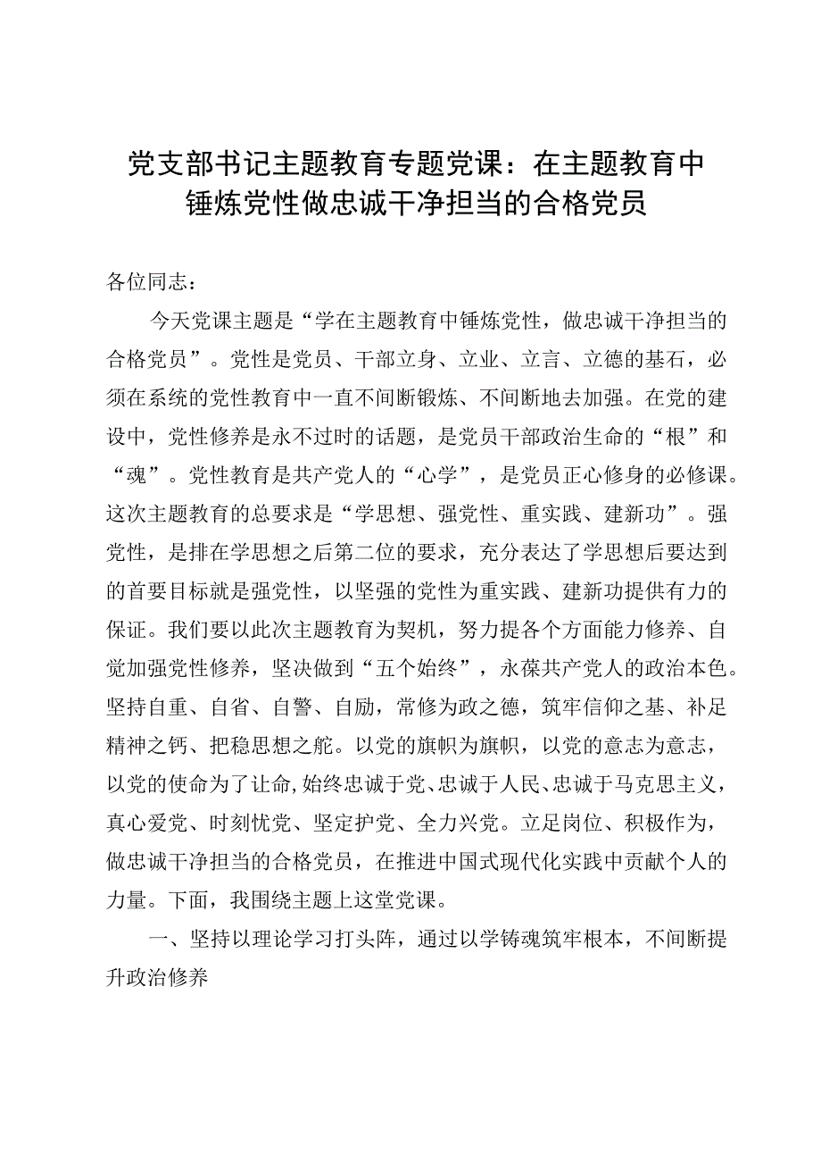 2023年党支部书记主题教育专题党课：在主题教育中锤炼党性 做忠诚干净担当的合格党员.docx_第1页