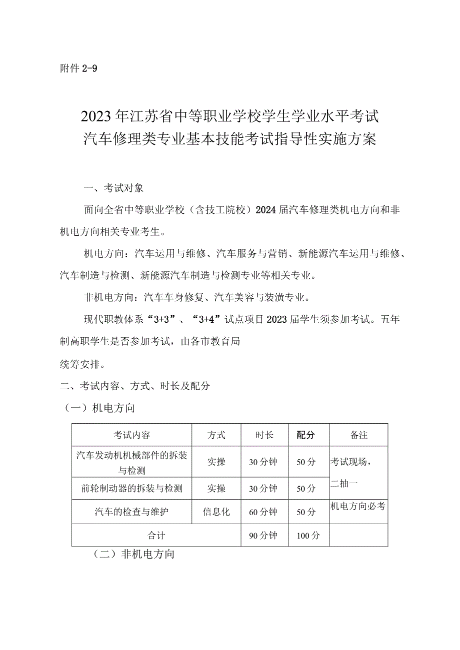 2023年江苏省中等职业学校学生学业水平考试汽车修理类专业基本技能考试指导性实施方案.docx_第1页