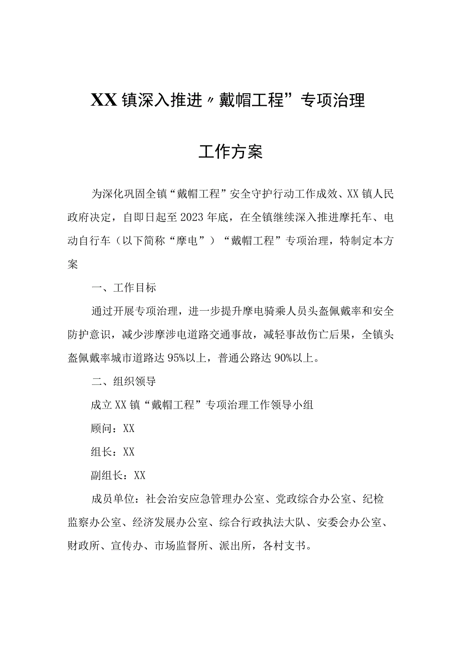 XX镇深入推进“戴帽工程”专项治理工作方案.docx_第1页