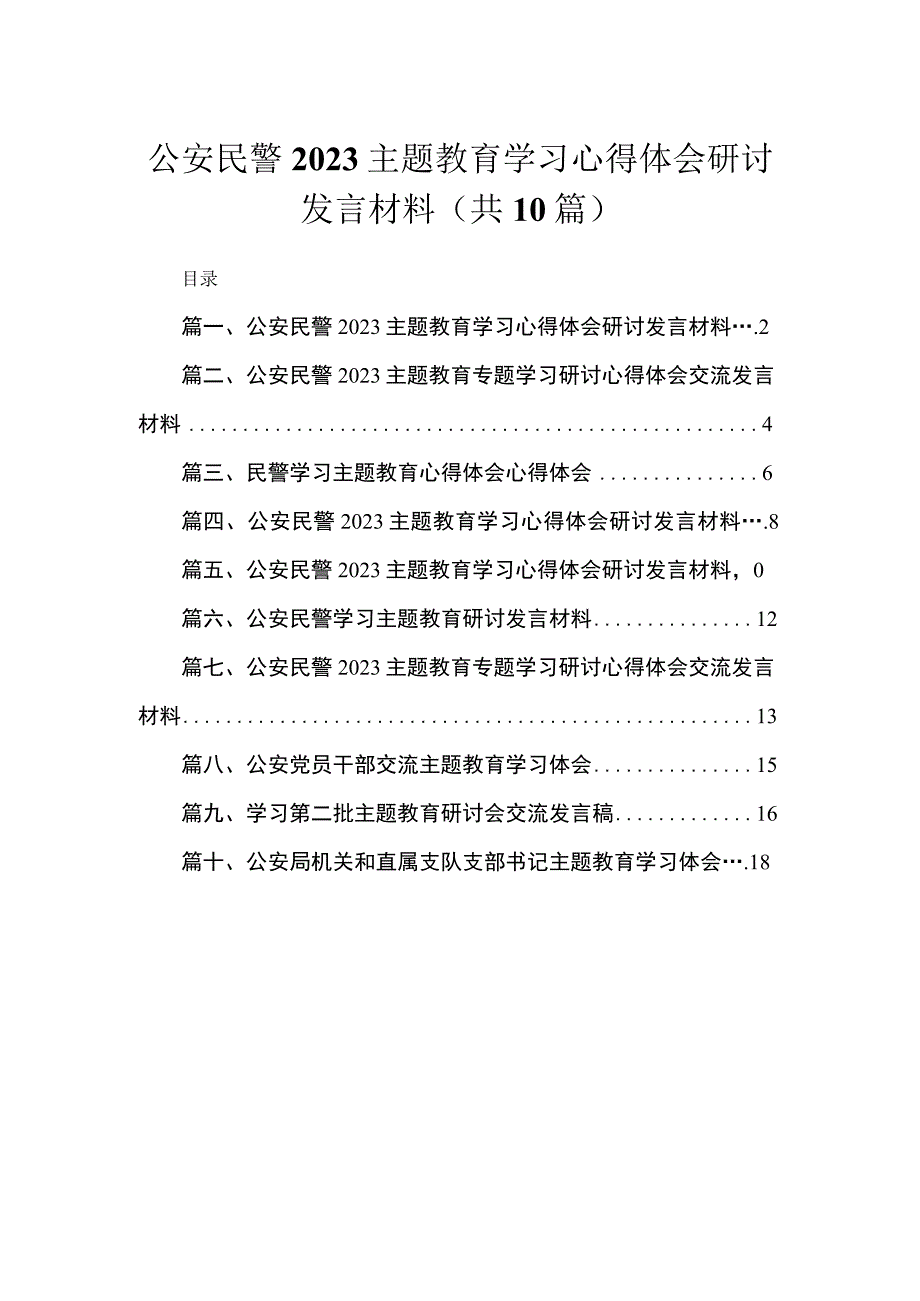 2023公安民警主题教育学习心得体会研讨发言材料【10篇精选】供参考.docx_第1页