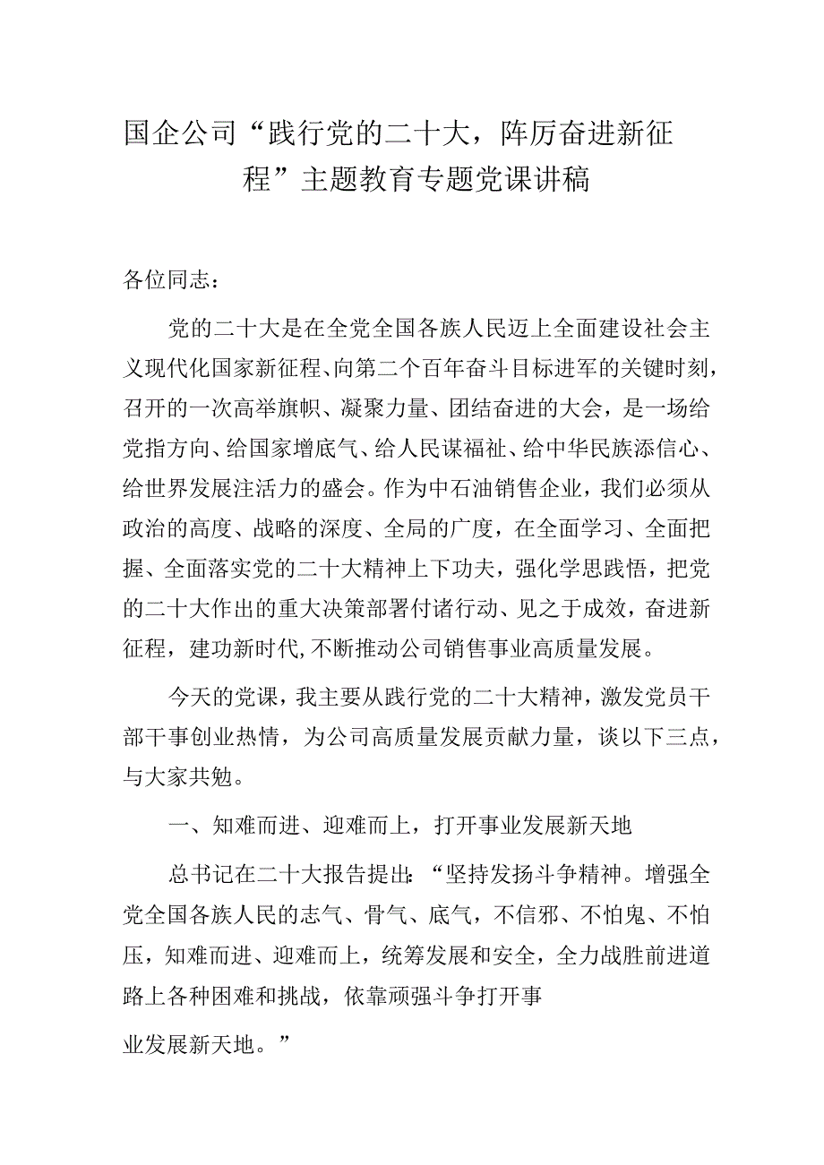 国企公司“践行党的二十大踔厉奋进新征程”主题教育专题党课讲稿.docx_第1页