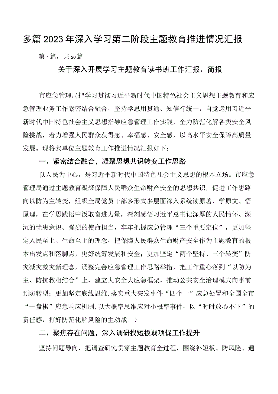 多篇2023年深入学习第二阶段主题教育推进情况汇报.docx_第1页