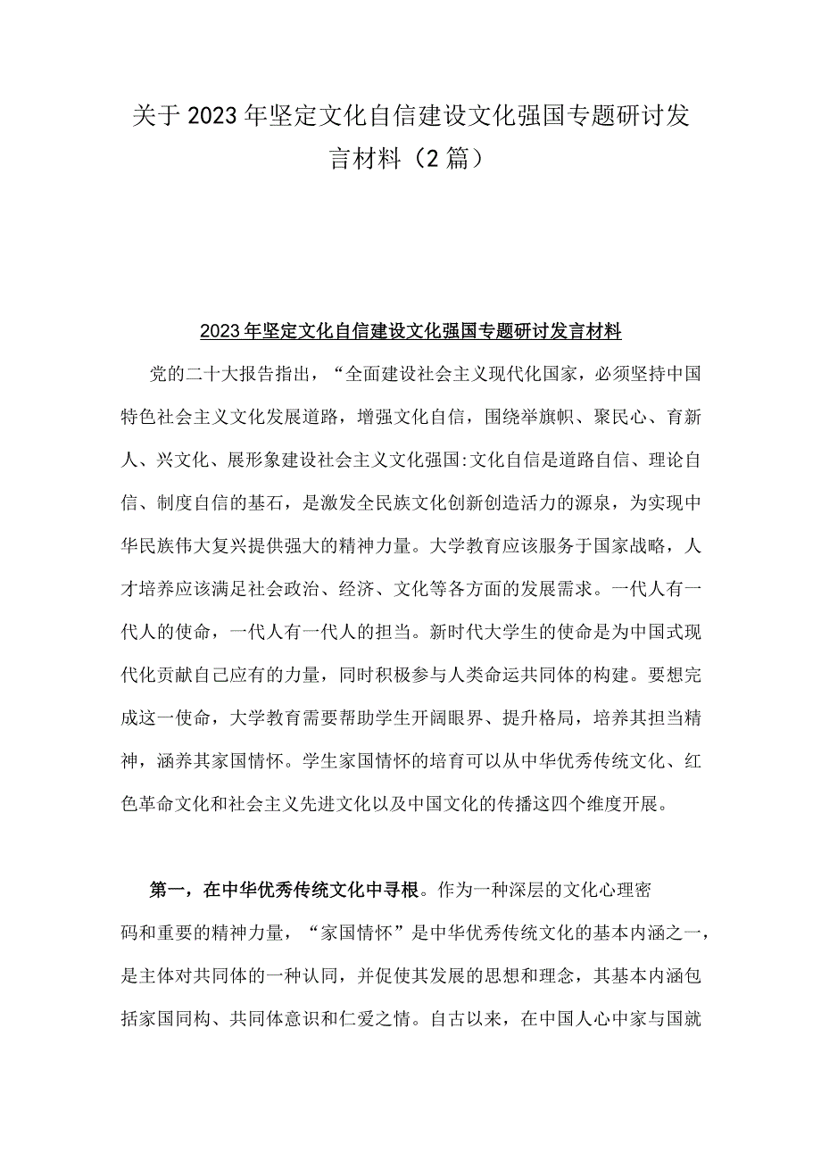 关于2023年坚定文化自信建设文化强国专题研讨发言材料（2篇）.docx_第1页