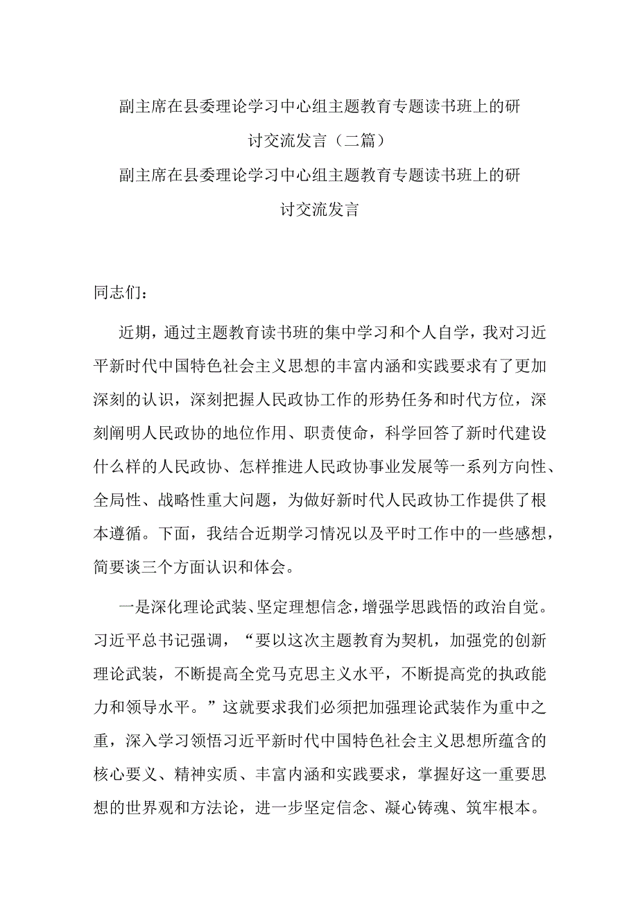 副主席在县委理论学习中心组主题教育专题读书班上的研讨交流发言(二篇).docx_第1页