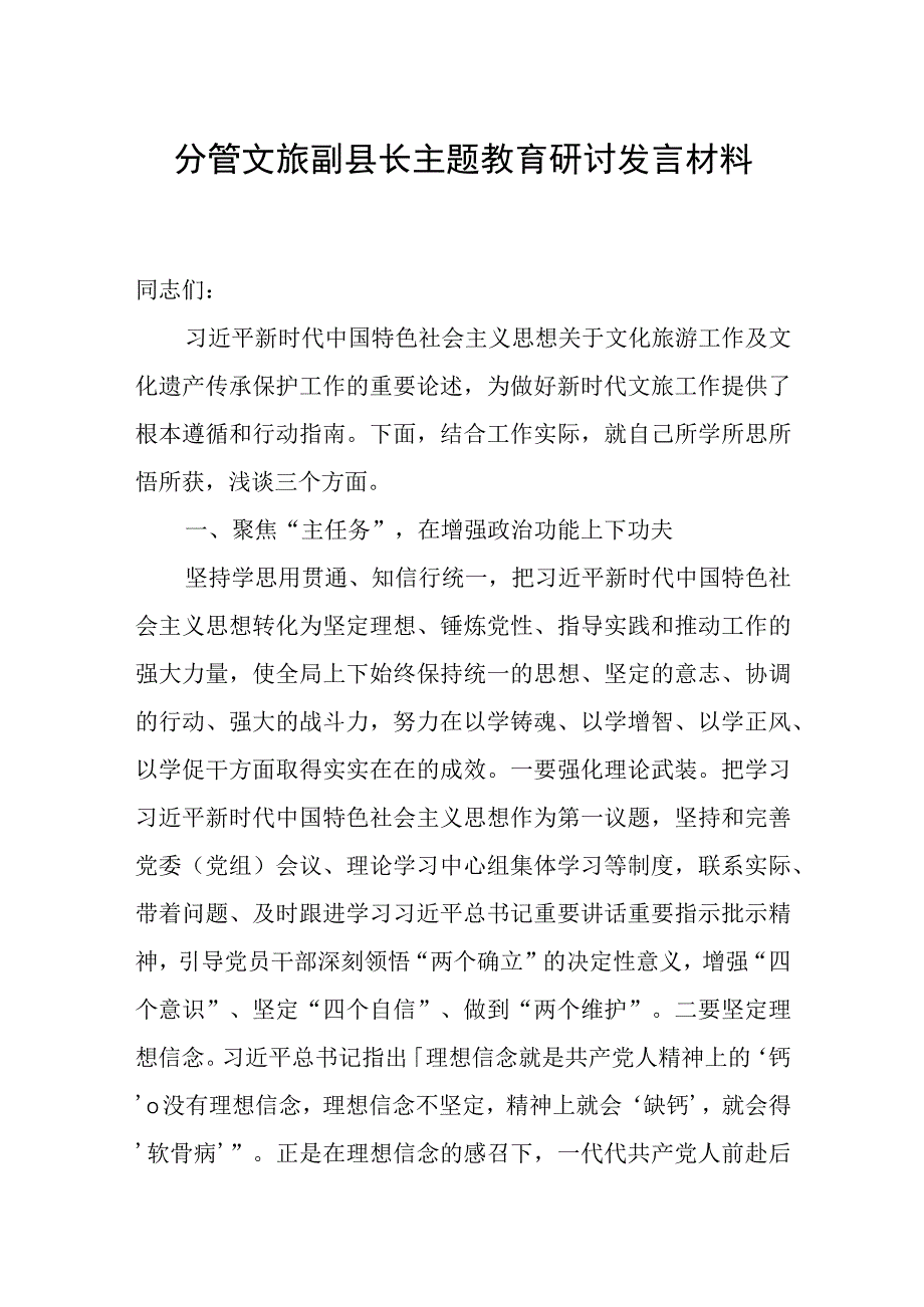 副县长2023年第二批主题教育研讨发言材料（分管文旅工作）.docx_第1页