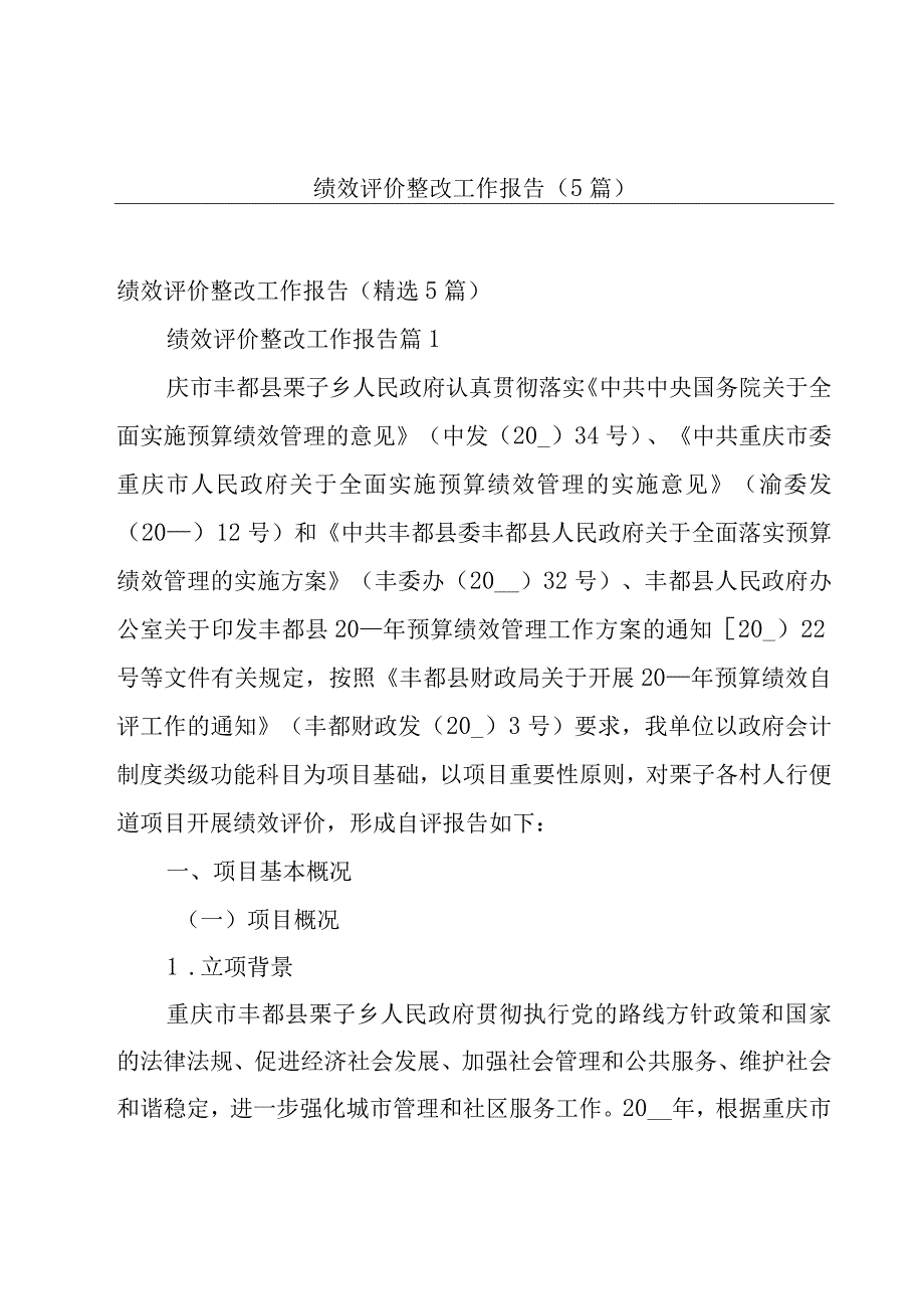 绩效评价整改工作报告（5篇）.docx_第1页