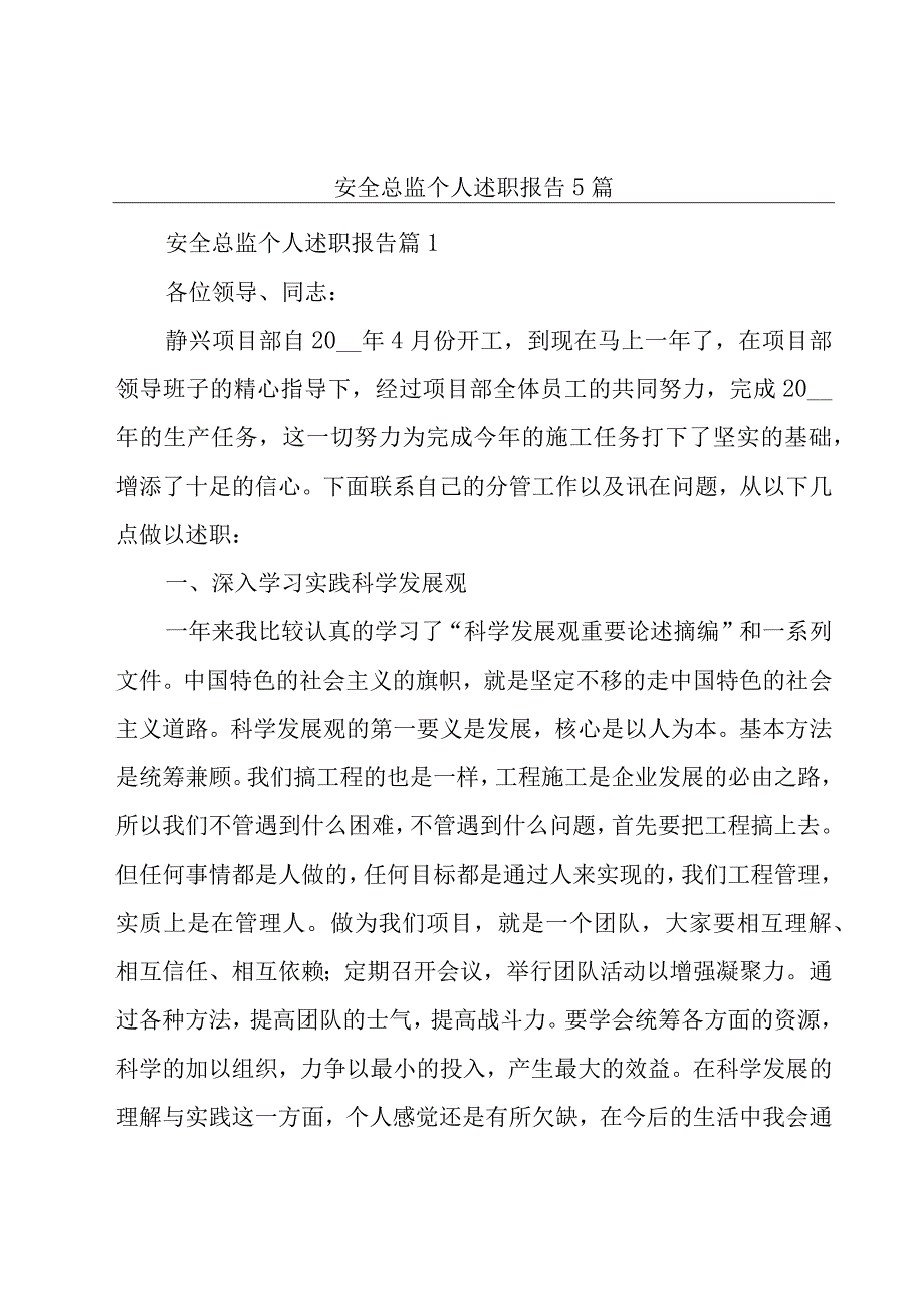 安全总监个人述职报告5篇.docx_第1页