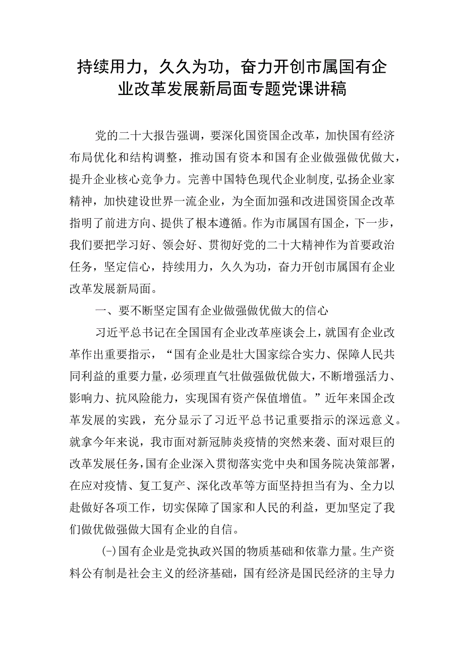 持续用力久久为功奋力开创市属国有企业改革发展新局面专题党课讲稿.docx_第1页