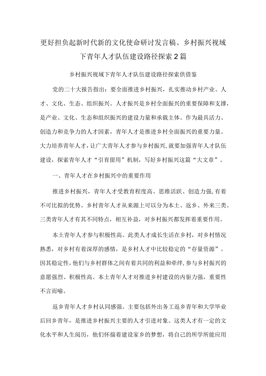 更好担负起新时代新的文化使命研讨发言稿、乡村振兴视域下青年人才队伍建设路径探索2篇.docx_第1页