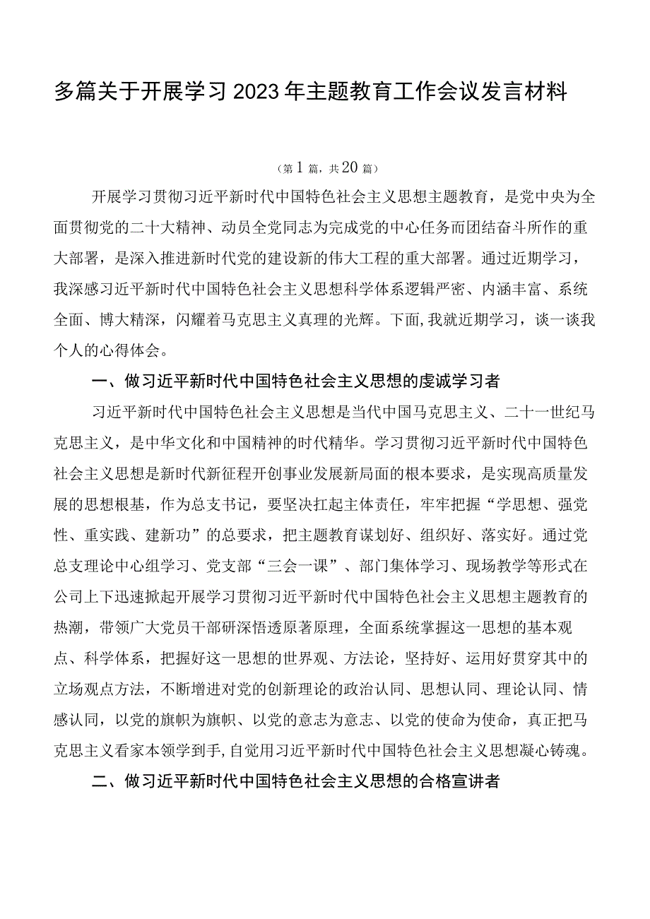 多篇关于开展学习2023年主题教育工作会议发言材料.docx_第1页