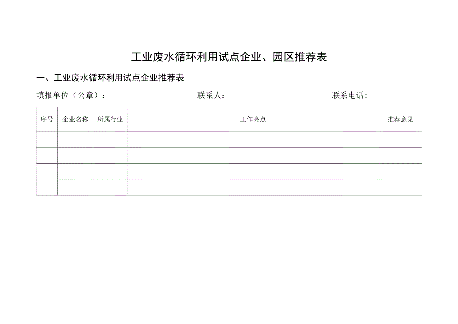 工业废水循环利用试点企业、园区推荐表.docx_第1页