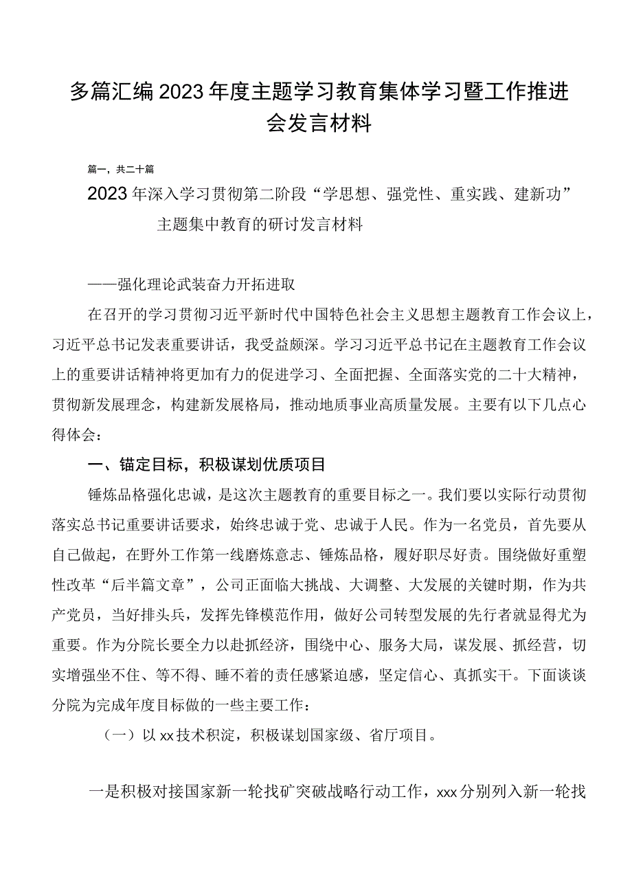 多篇汇编2023年度主题学习教育集体学习暨工作推进会发言材料.docx_第1页