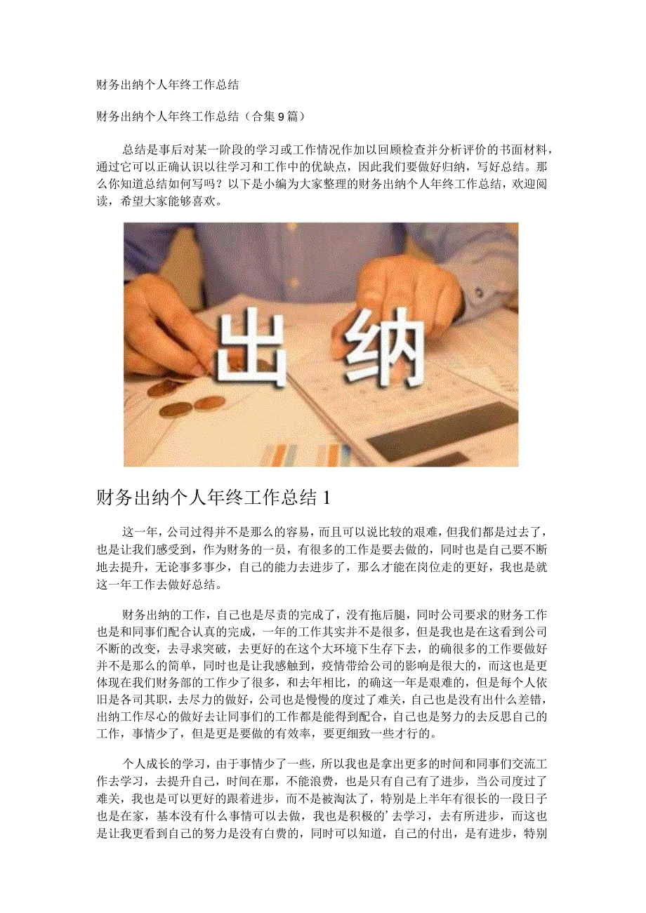 财务出纳个人年终工作总结.docx_第1页