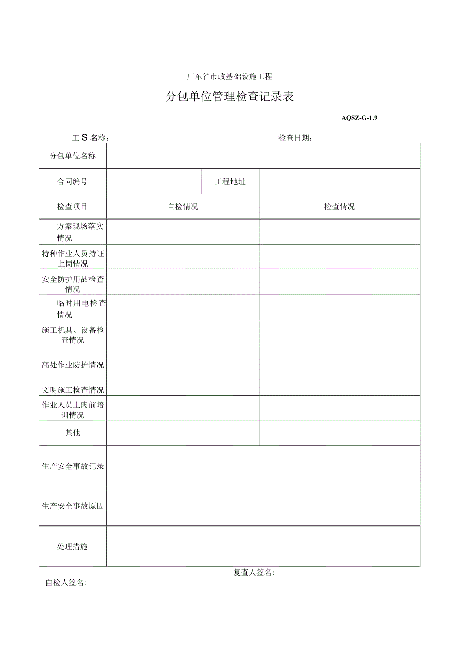 分包单位管理检查记录表.docx_第1页