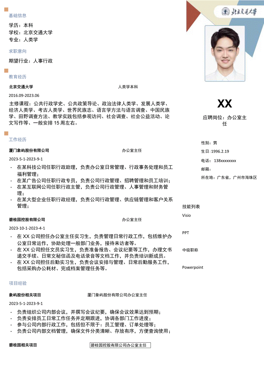 办公室副主任岗位简历模板.docx_第1页