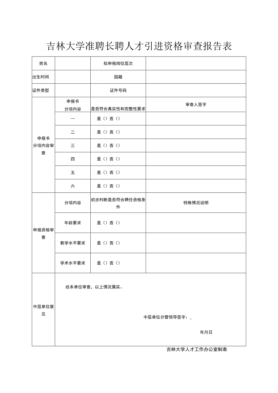 2.吉林大学准聘长聘人才引进资格审查报告表（2022年5月）.docx_第1页