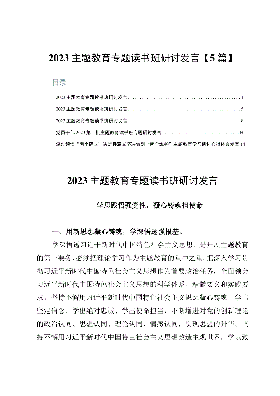 2023主题教育专题读书班研讨发言【5篇】.docx_第1页