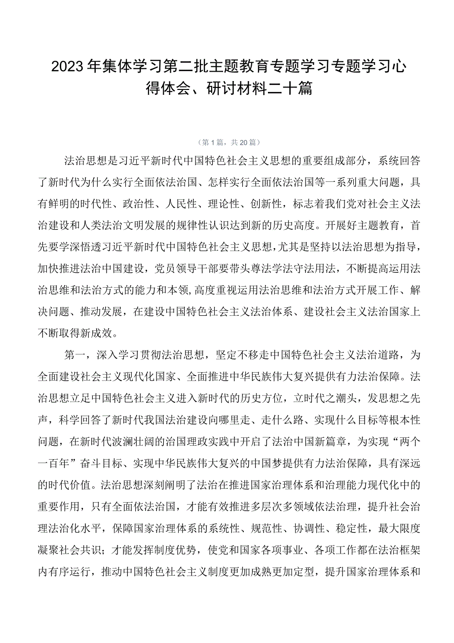 2023年集体学习第二批主题教育专题学习专题学习心得体会、研讨材料二十篇.docx_第1页