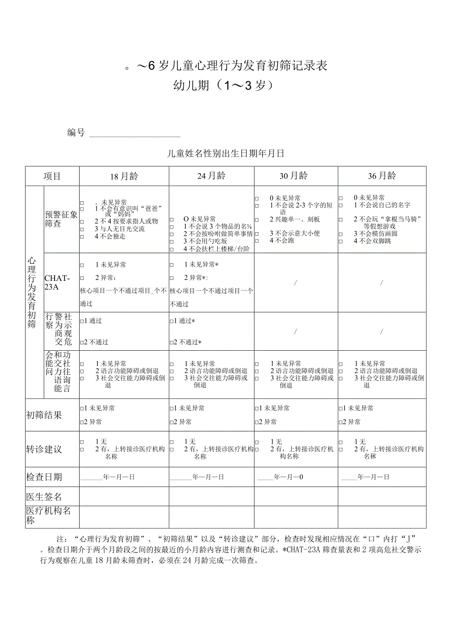 0～6岁儿童心理行为发育初筛记录表幼儿期（0-3岁）.docx_第1页