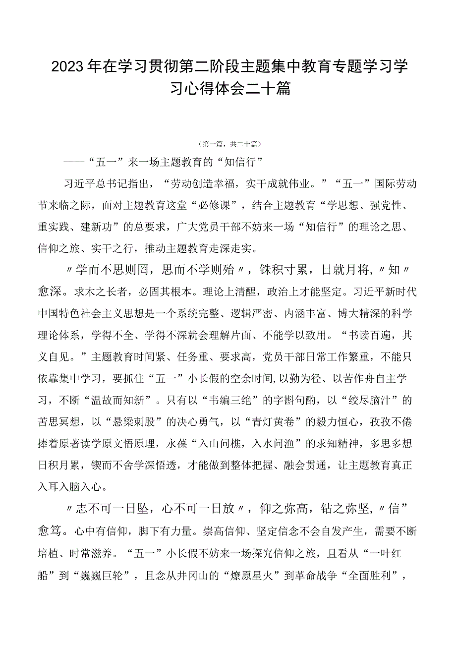 2023年在学习贯彻第二阶段主题集中教育专题学习学习心得体会二十篇.docx_第1页