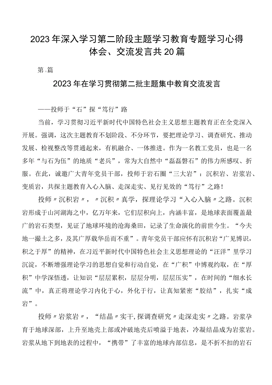 2023年深入学习第二阶段主题学习教育专题学习心得体会、交流发言共20篇.docx_第1页