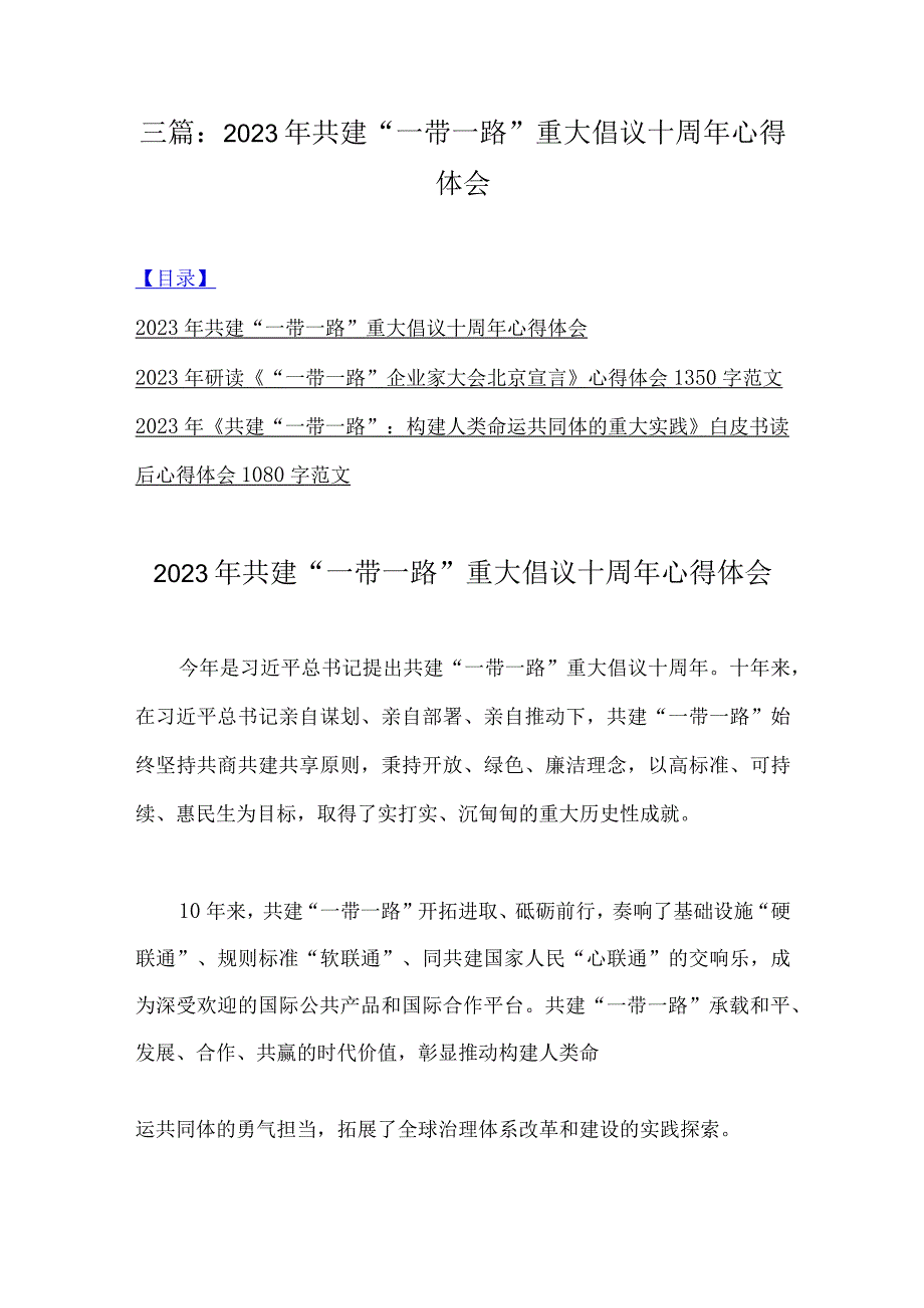 三篇：2023年共建“一带一路”重大倡议十周年心得体会.docx_第1页