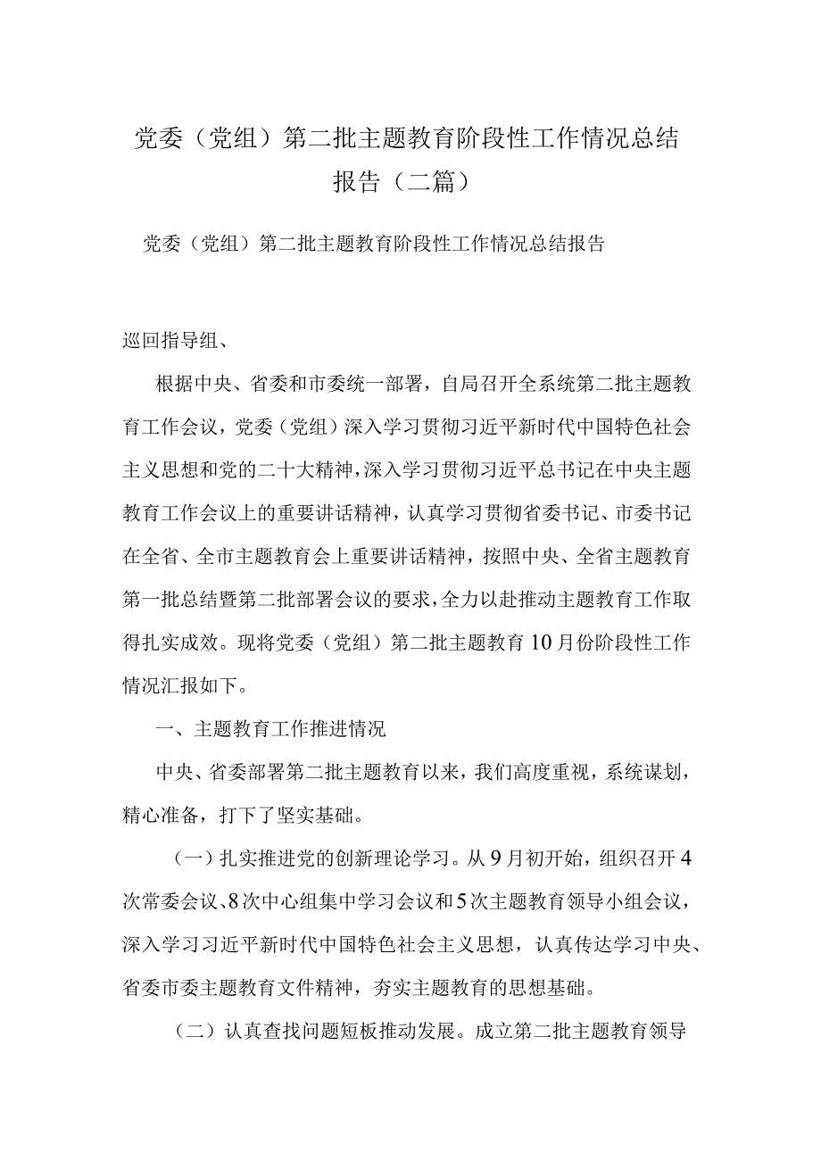 党委（党组）第二批主题教育阶段性工作情况总结报告(二篇).docx_第1页