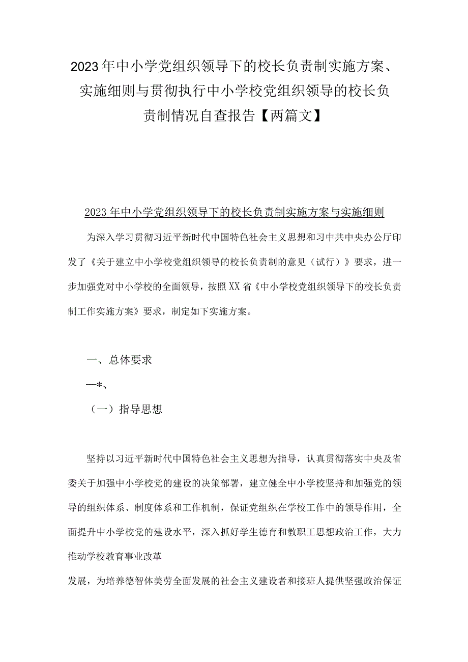 2023年中小学党组织领导下的校长负责制实施方案、实施细则与贯彻执行中小学校党组织领导的校长负责制情况自查报告【两篇文】.docx_第1页