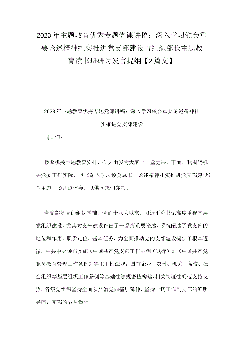 2023年主题教育优秀专题党课讲稿：深入学习领会重要论述精神扎实推进党支部建设与组织部长主题教育读书班研讨发言提纲【2篇文】.docx_第1页