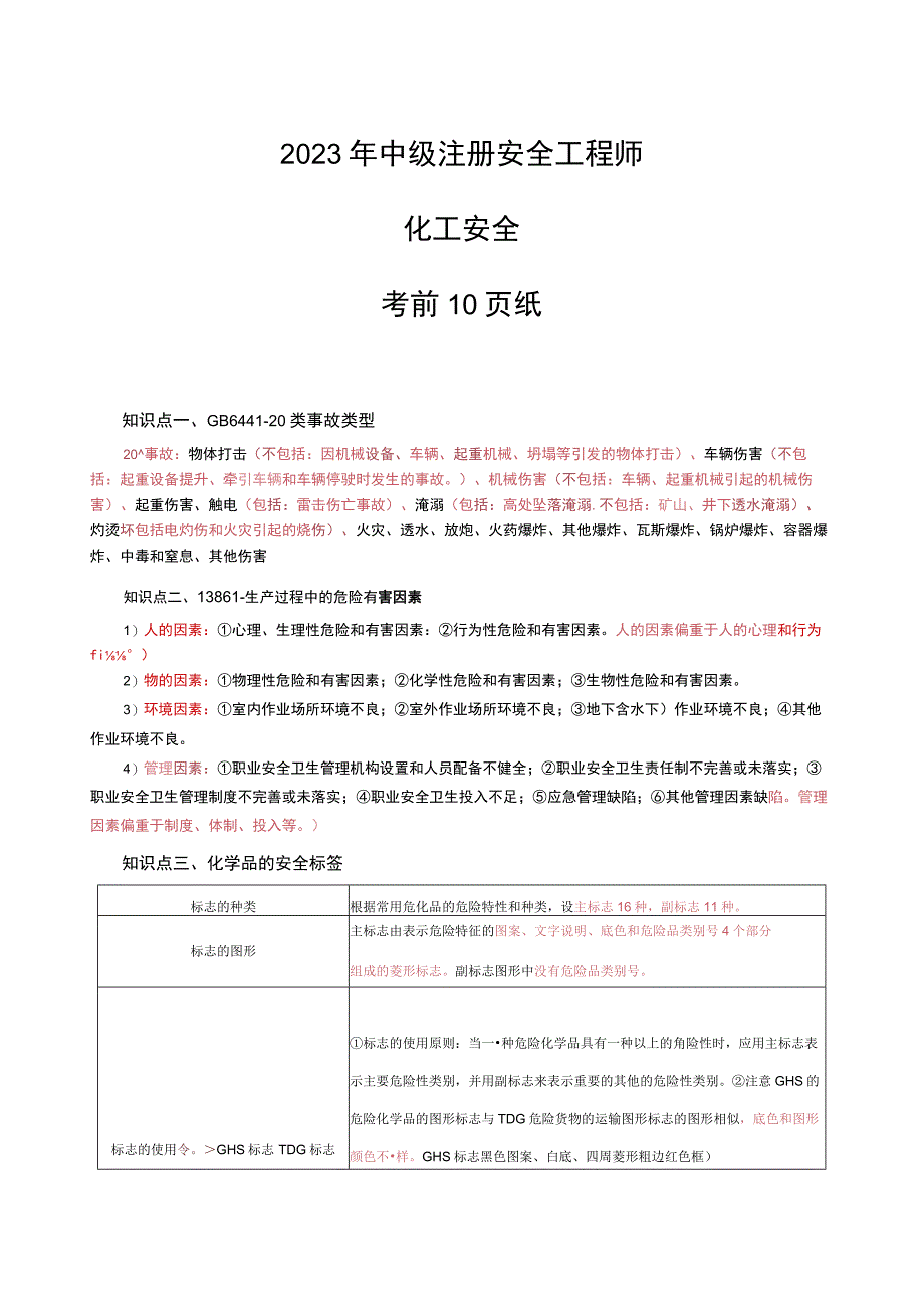 2023年中级安全工程师《化工安全》考前10页纸.docx_第1页