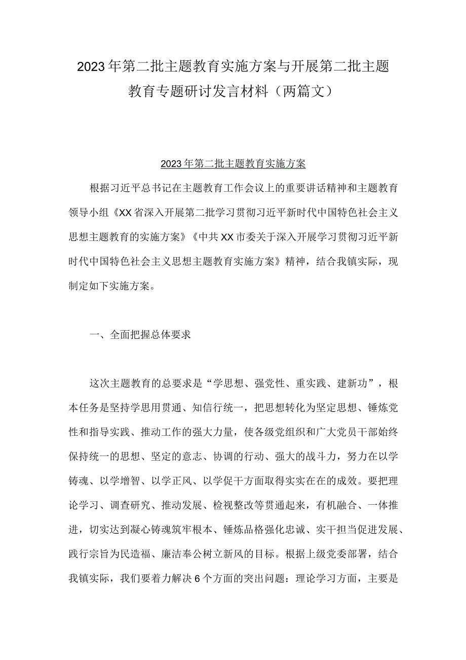 2023年第二批主题教育实施方案与开展第二批主题教育专题研讨发言材料（两篇文）.docx_第1页