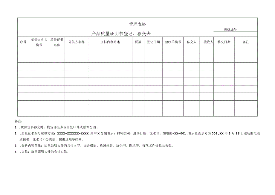 产品质量证明书登记、移交表.docx_第1页