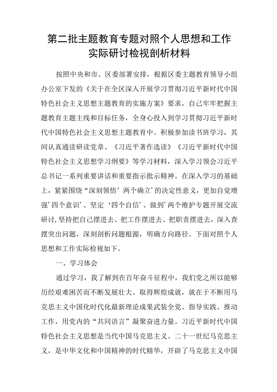 2023年第二批主题教育专题个人对照思想和工作实际五个方面研讨检视剖析材料党性分析报告.docx_第2页