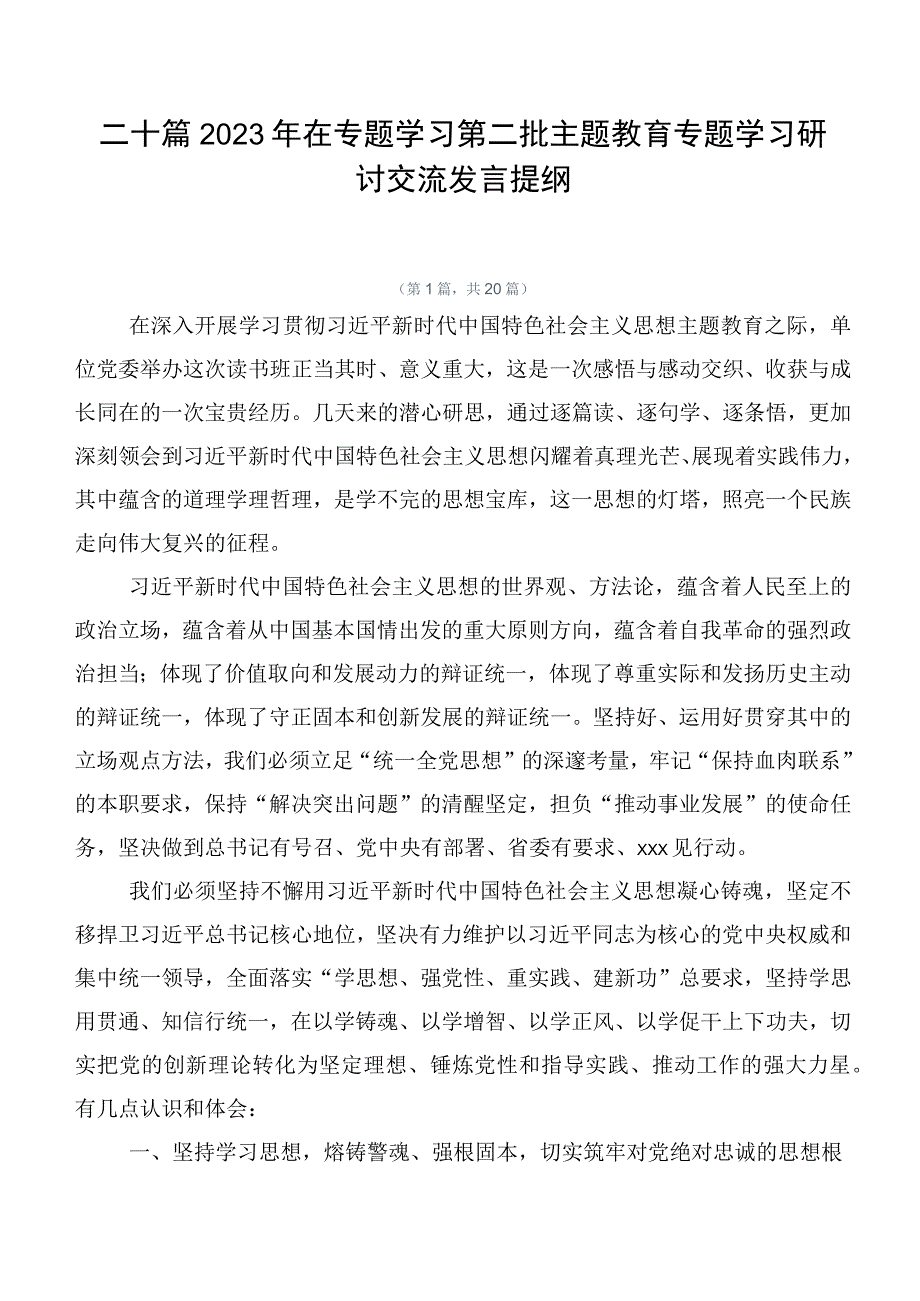 二十篇2023年在专题学习第二批主题教育专题学习研讨交流发言提纲.docx_第1页