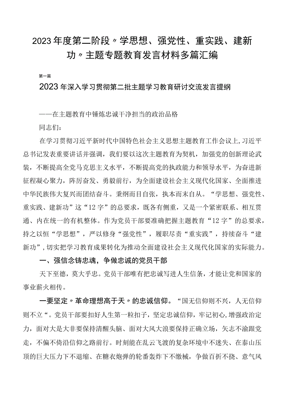 2023年度第二阶段“学思想、强党性、重实践、建新功”主题专题教育发言材料多篇汇编.docx_第1页