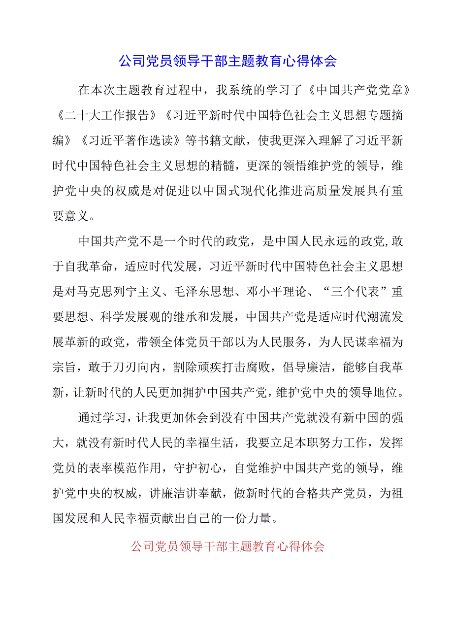 2023年公司党员领导干部主题教育心得体会.docx_第1页