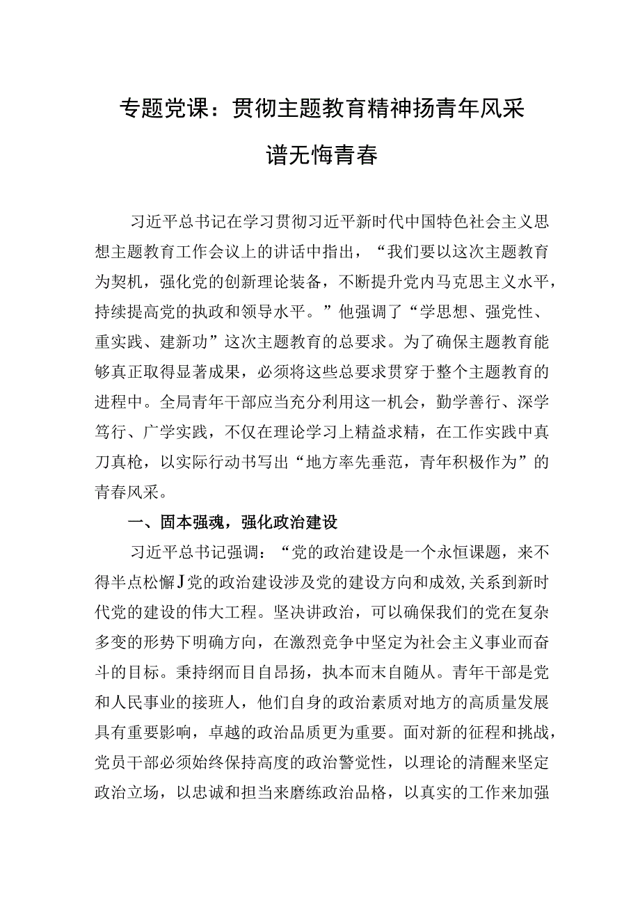 2023年专题党课：贯彻主题′教育精神+扬青年风采+谱无悔青春.docx_第1页