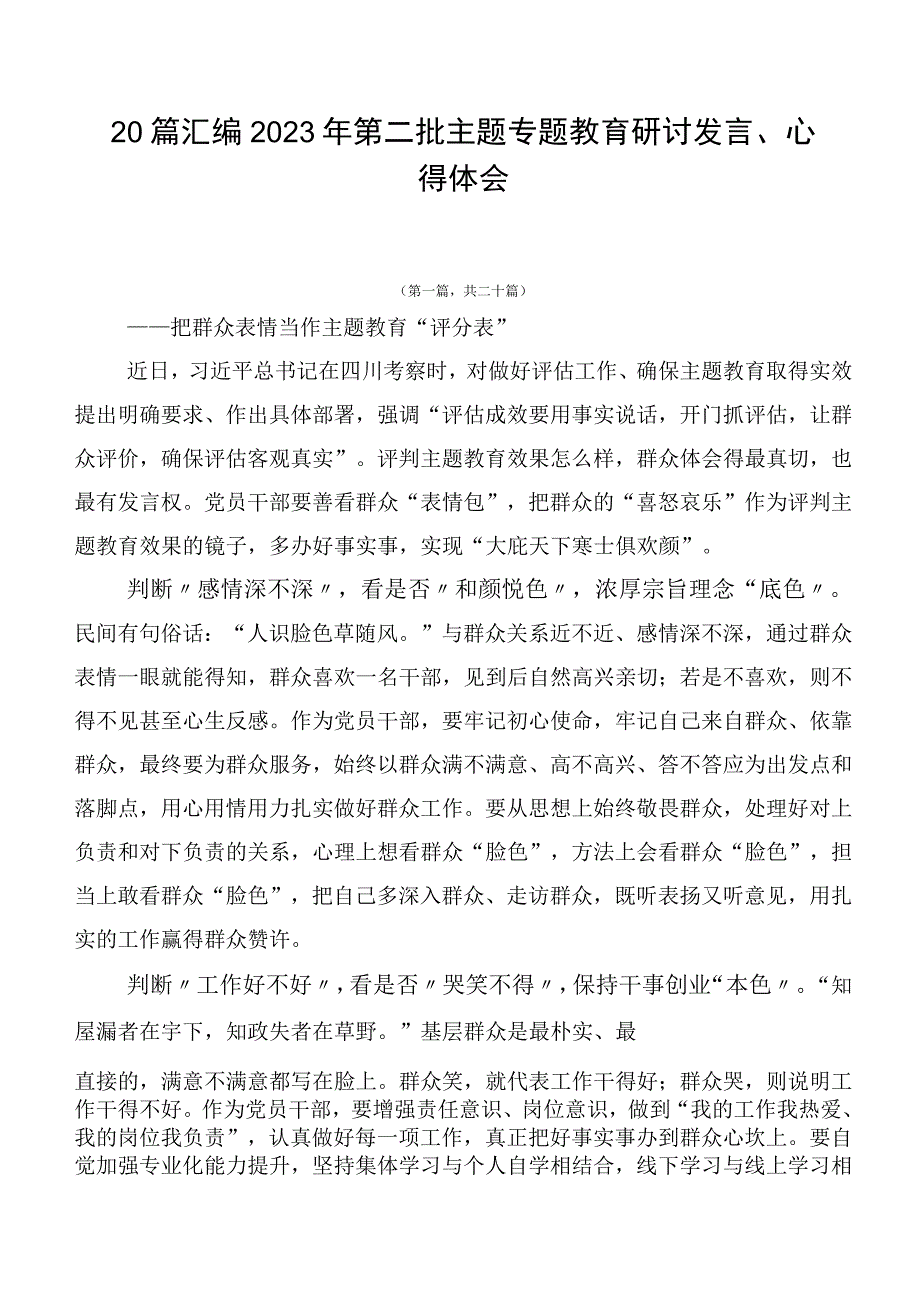 20篇汇编2023年第二批主题专题教育研讨发言、心得体会.docx_第1页