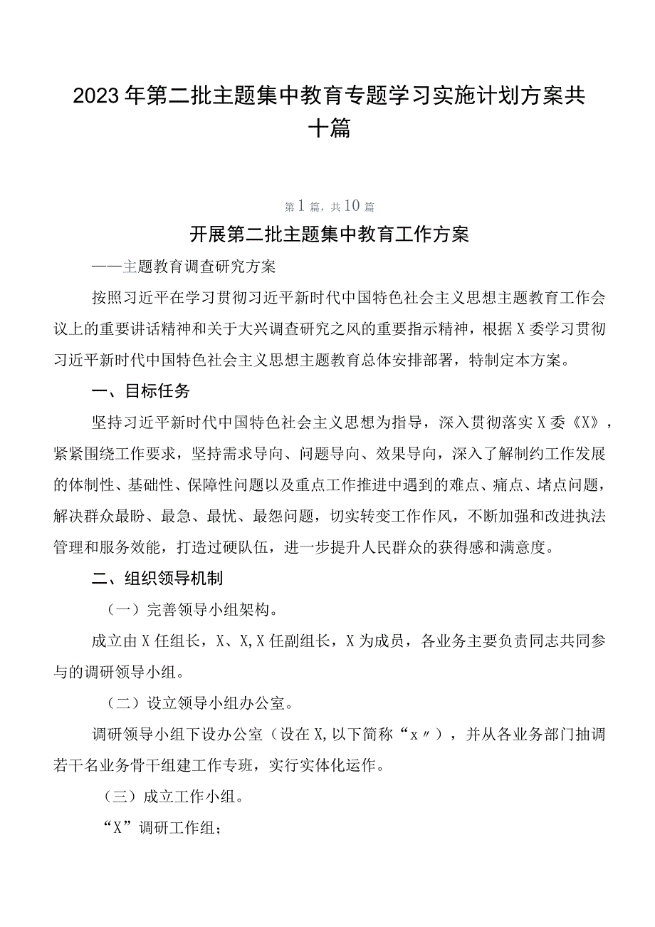 2023年第二批主题集中教育专题学习实施计划方案共十篇.docx_第1页