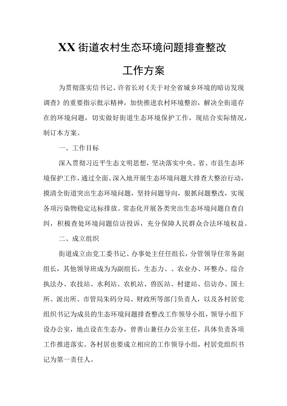 XX街道农村生态环境问题排查整改工作方案.docx_第1页