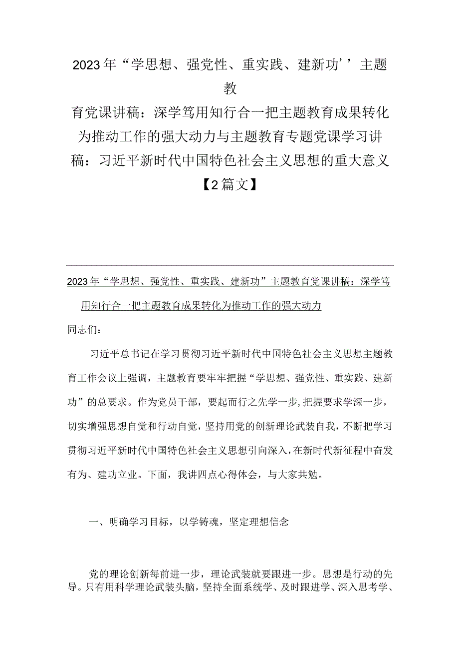 2023年“学思想、强党性、重实践、建新功”主题教育党课讲稿：深学笃用知行合一把主题教育成果转化为推动工作的强大动力与主题教育专题党课.docx_第1页