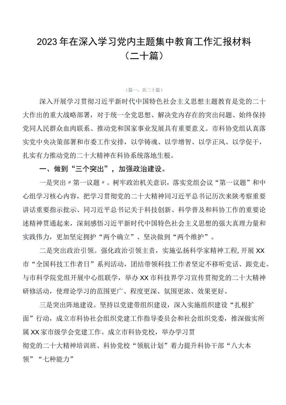 2023年在深入学习党内主题集中教育工作汇报材料（二十篇）.docx_第1页