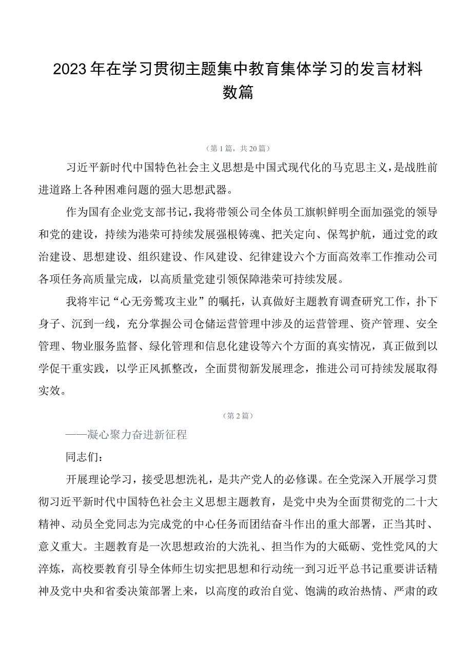 2023年在学习贯彻主题集中教育集体学习的发言材料数篇.docx_第1页