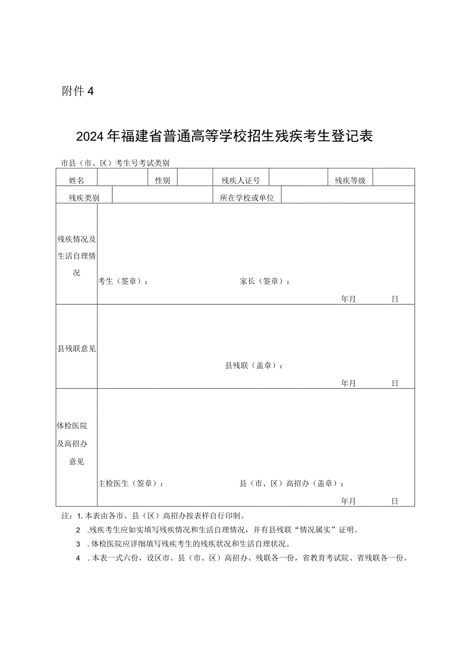 2024年福建省普通高等学校招生残疾考生登记表.docx_第1页