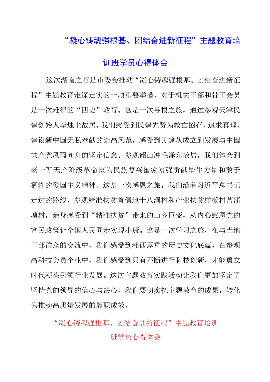 2023年“凝心铸魂强根基、团结奋进新征程”主题教育培训班学员心得体会.docx_第1页