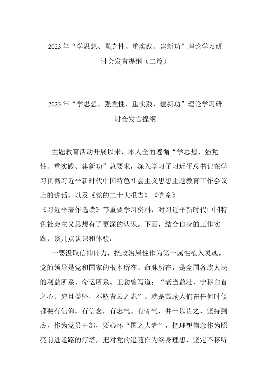 2023年“学思想、强党性、重实践、建新功”理论学习研讨会发言提纲(二篇).docx_第1页