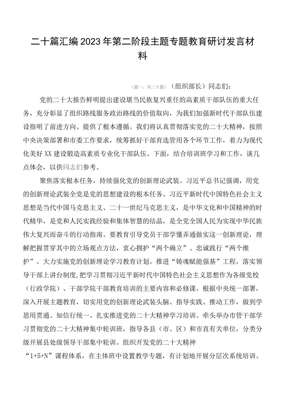 二十篇汇编2023年第二阶段主题专题教育研讨发言材料.docx_第1页