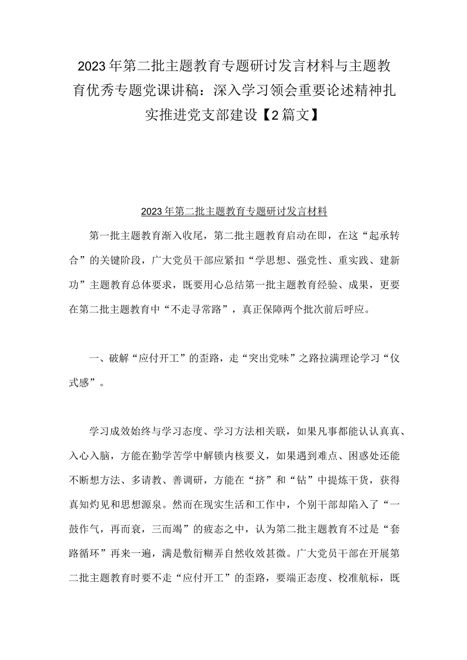 2023年第二批主题教育专题研讨发言材料与主题教育优秀专题党课讲稿：深入学习领会重要论述精神扎实推进党支部建设【2篇文】.docx_第1页