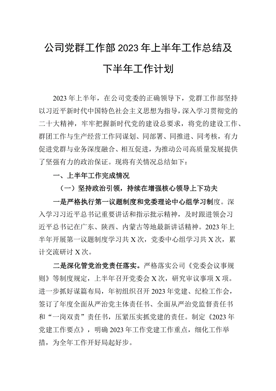 公司党群工作部2023年上半年工作总结及下半年工作计划.docx_第1页